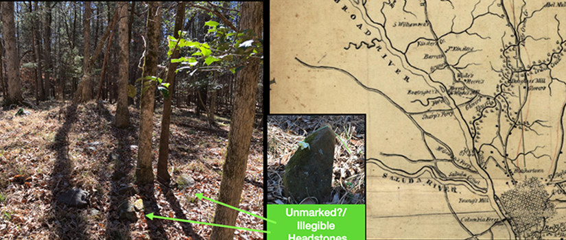 Wooded burial site at Cedar Creek Cemetery with simple, unmarked fieldstone headstones in the foreground; inset shows a close-up of an illegible stone marker labeled “Unmarked? / Illegible Headstones,” alongside a historic map of the area in Richland County, South Carolina.