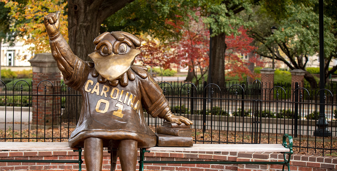 Cocky statue in front of Davis College