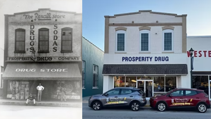 Side-by-side vintage and current image of drug store front