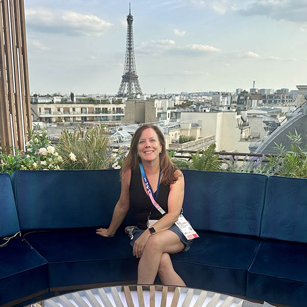 Amy Jordan on the CNN set at the Paris Olympics