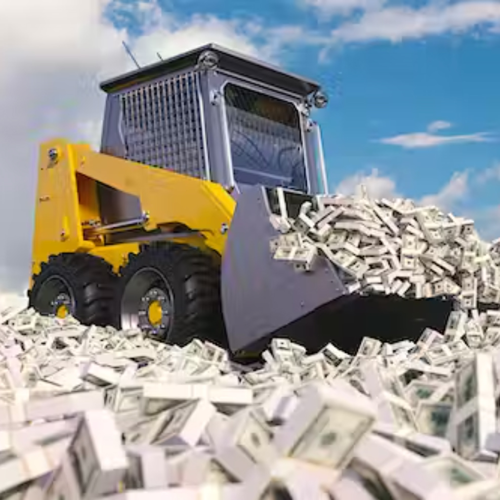 A yellow construction front loader scoops a pile of dollar bills