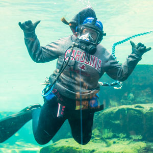 Gamecock alumni Casey Fissel dives in the tank at Riverbanks Zoo