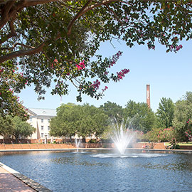 A brown smokehouse behind a fountain spraying water up